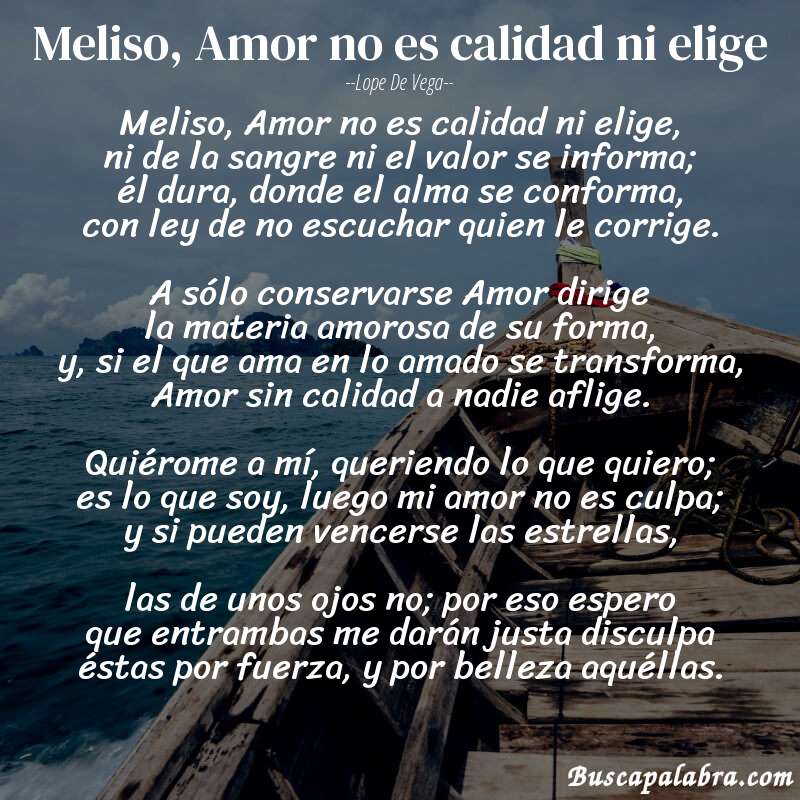 Poema Meliso, Amor no es calidad ni elige de Lope de Vega con fondo de barca