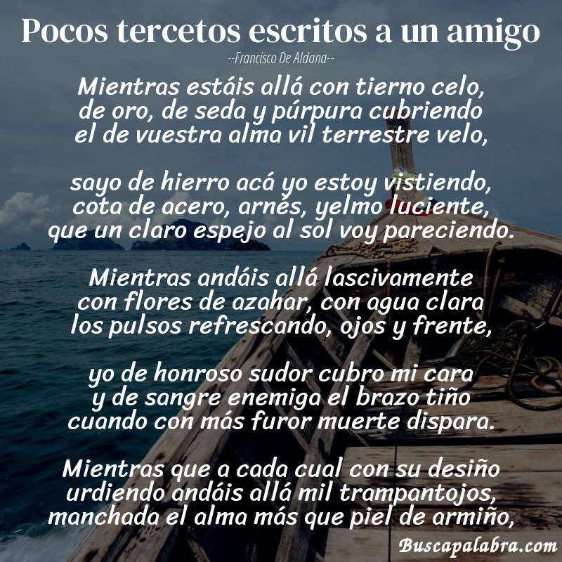 Poema Pocos tercetos escritos a un amigo de Francisco de Aldana con fondo de barca