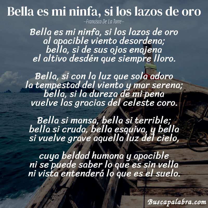 Poema Bella es mi ninfa, si los lazos de oro de Francisco de la Torre con fondo de barca