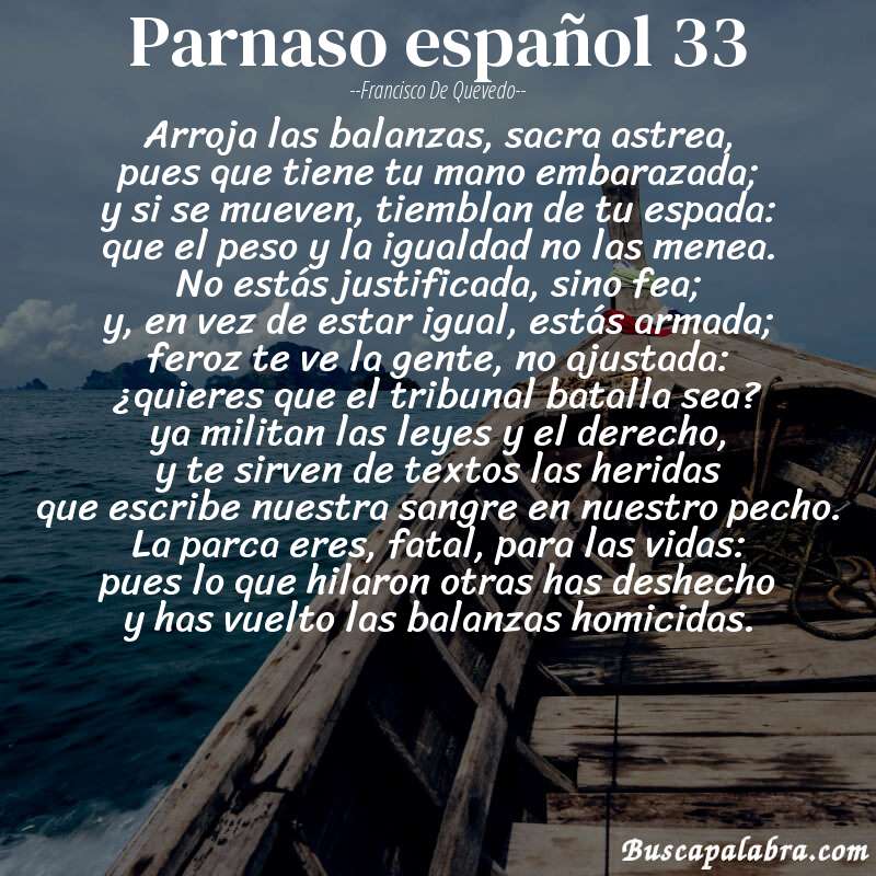 Poema parnaso español 33 de Francisco de Quevedo con fondo de barca