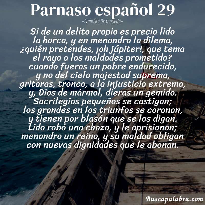 Poema parnaso español 29 de Francisco de Quevedo con fondo de barca
