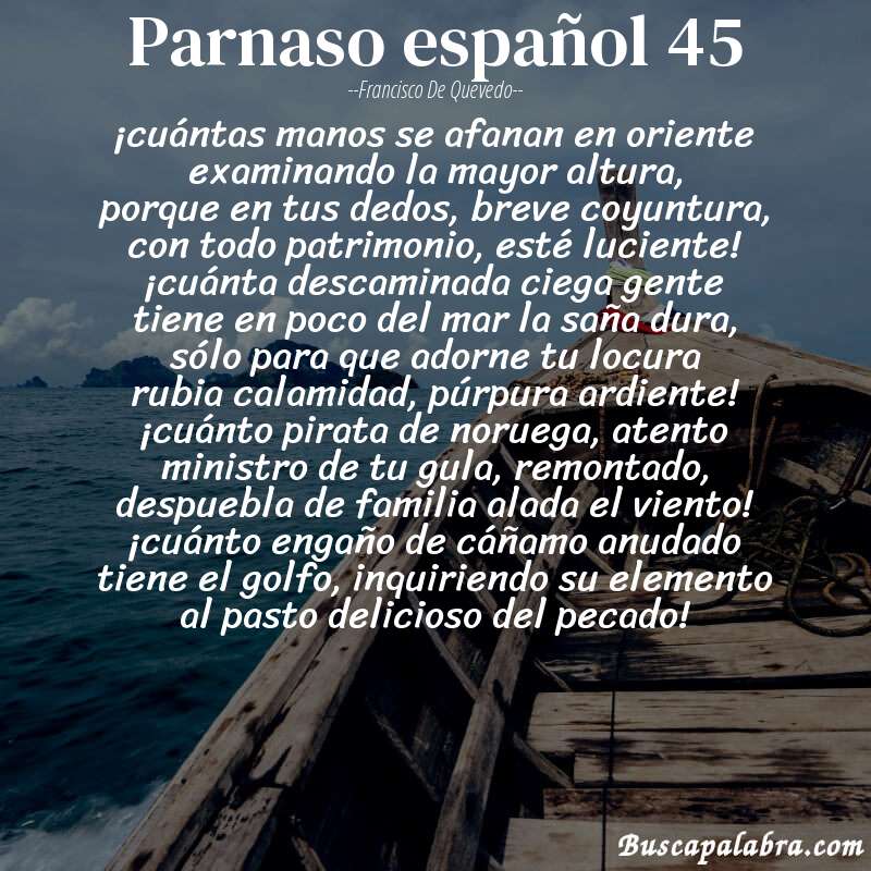 Poema parnaso español 45 de Francisco de Quevedo con fondo de barca