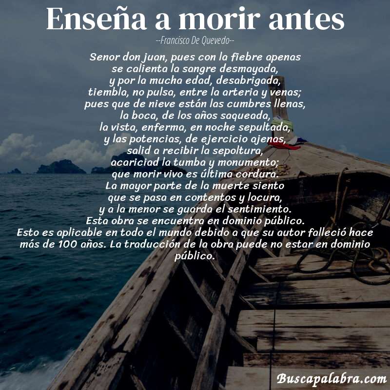 Poema enseña a morir antes de Francisco de Quevedo con fondo de barca