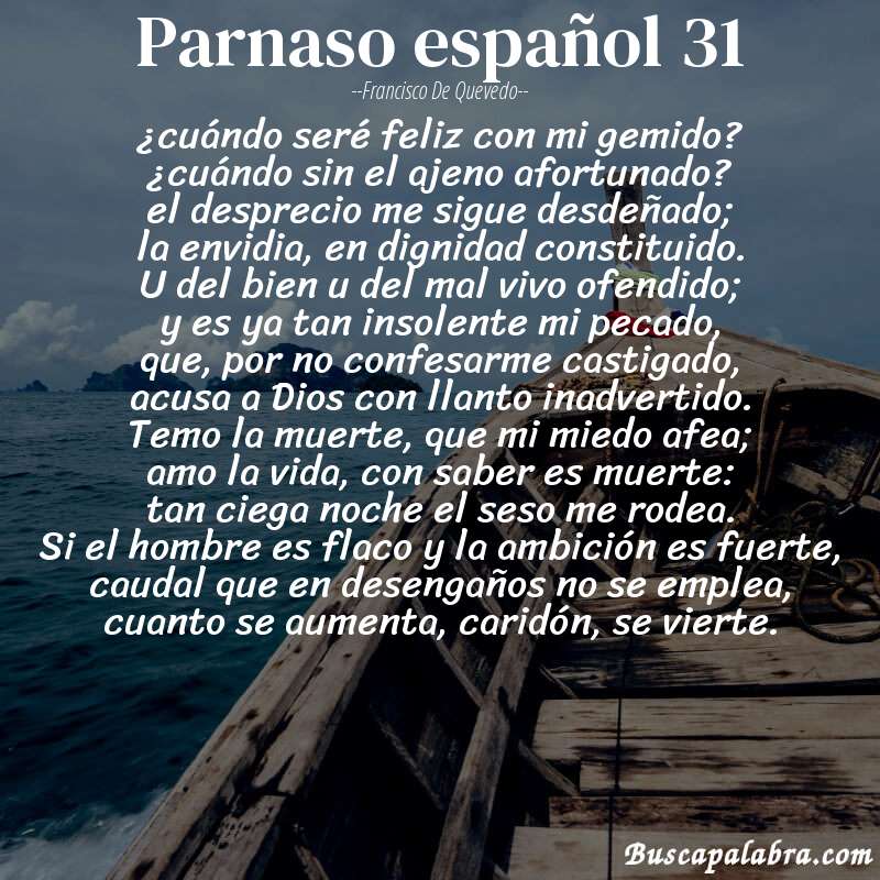 Poema parnaso español 31 de Francisco de Quevedo con fondo de barca