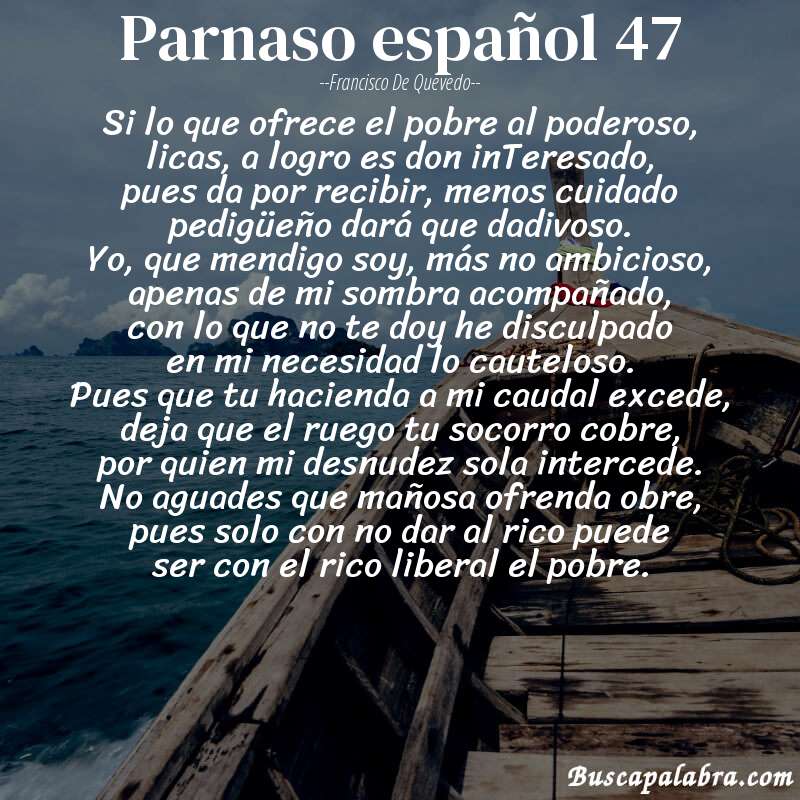 Poema parnaso español 47 de Francisco de Quevedo con fondo de barca