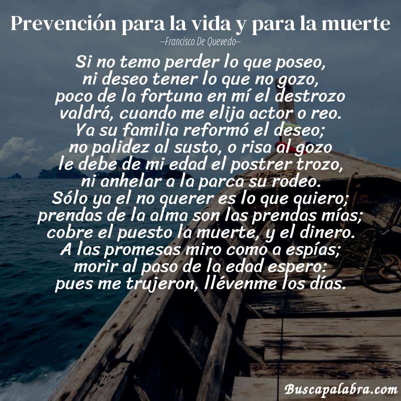 Poema prevención para la vida y para la muerte de Francisco de Quevedo con fondo de barca