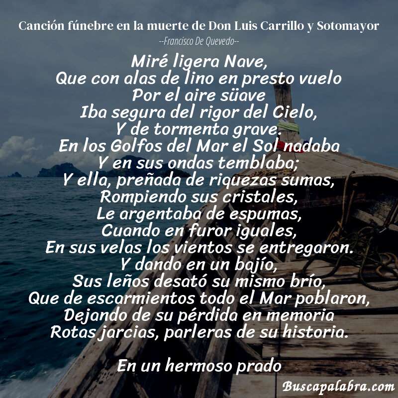 Poema Canción fúnebre en la muerte de Don Luis Carrillo y Sotomayor de Francisco de Quevedo con fondo de barca