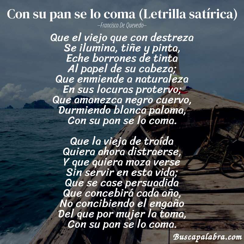 Poema Con su pan se lo coma (Letrilla satírica) de Francisco de Quevedo con fondo de barca
