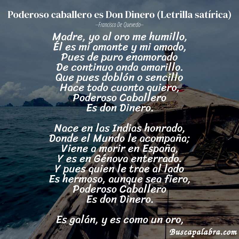 Poema Poderoso caballero es Don Dinero (Letrilla satírica) de Francisco de Quevedo con fondo de barca
