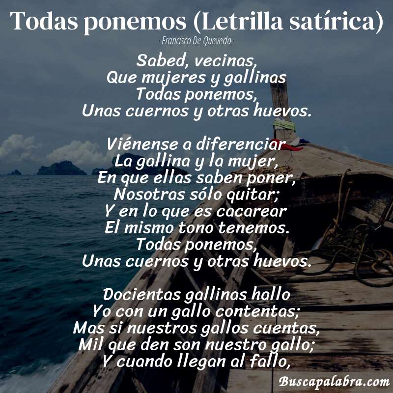 Poema Todas ponemos (Letrilla satírica) de Francisco de Quevedo con fondo de barca