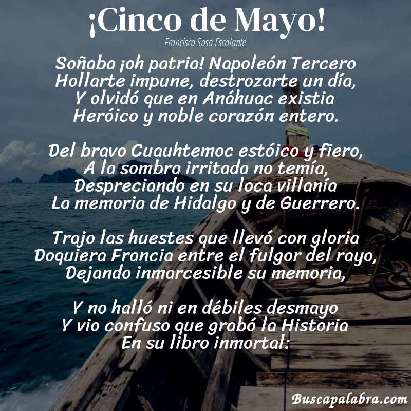Poema ¡Cinco de Mayo! de Francisco Sosa Escalante con fondo de barca