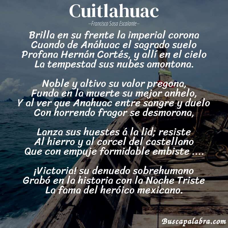 Poema Cuitlahuac de Francisco Sosa Escalante con fondo de barca