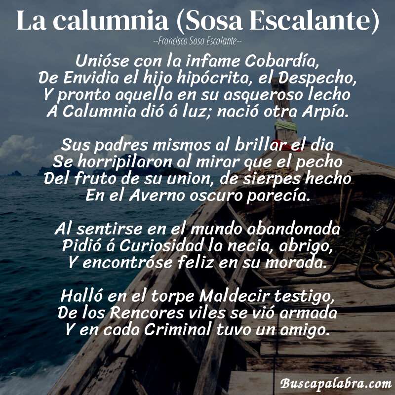 Poema La calumnia (Sosa Escalante) de Francisco Sosa Escalante con fondo de barca