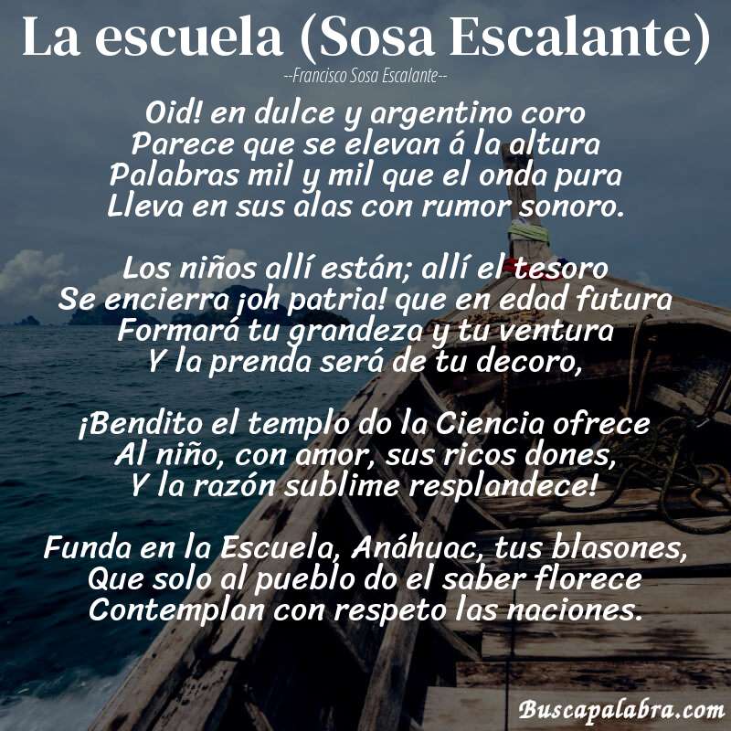 Poema La escuela (Sosa Escalante) de Francisco Sosa Escalante con fondo de barca