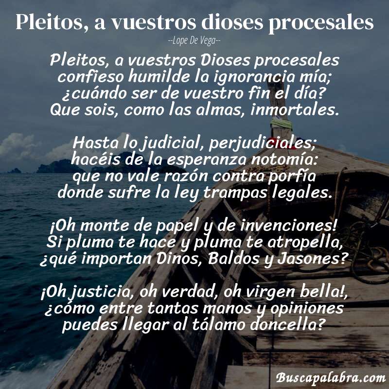 Poema Pleitos, a vuestros dioses procesales de Lope de Vega con fondo de barca