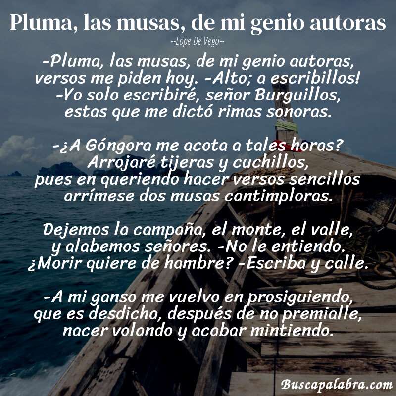 Poema Pluma, las musas, de mi genio autoras de Lope de Vega con fondo de barca