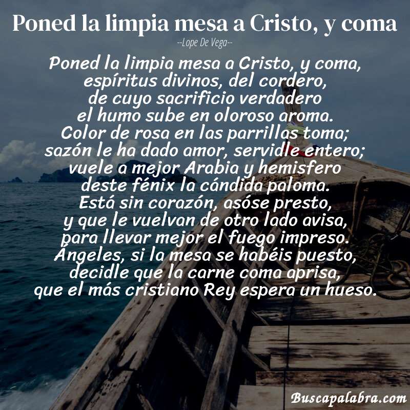 Poema Poned la limpia mesa a Cristo, y coma de Lope de Vega con fondo de barca