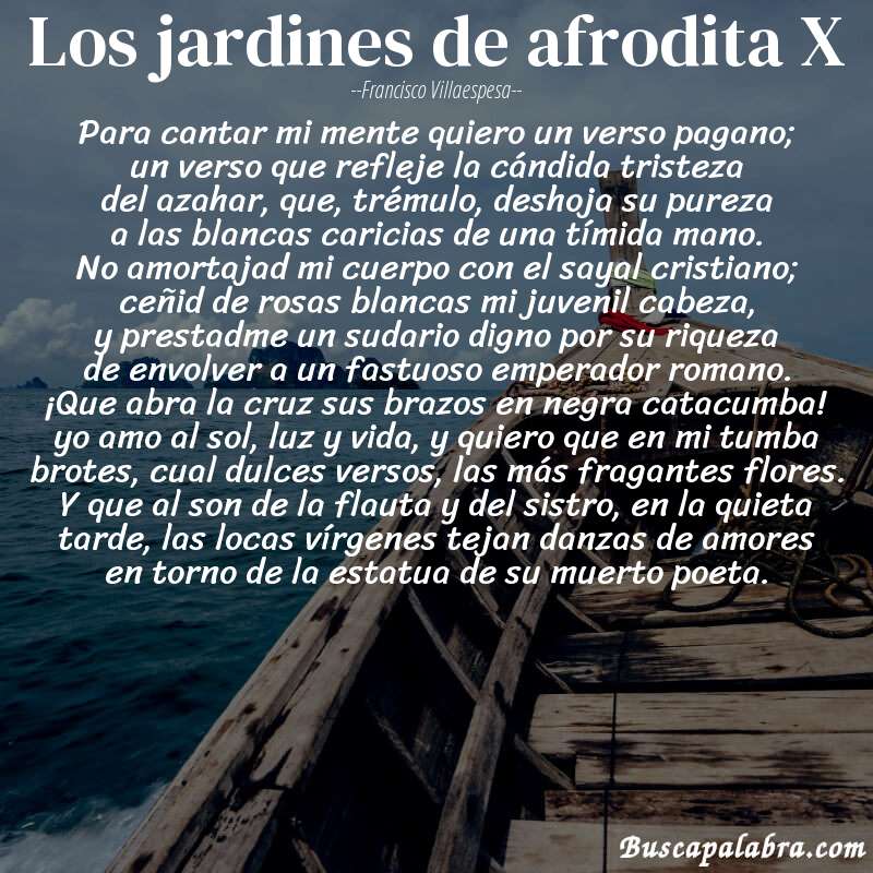 Poema los jardines de afrodita X de Francisco Villaespesa con fondo de barca