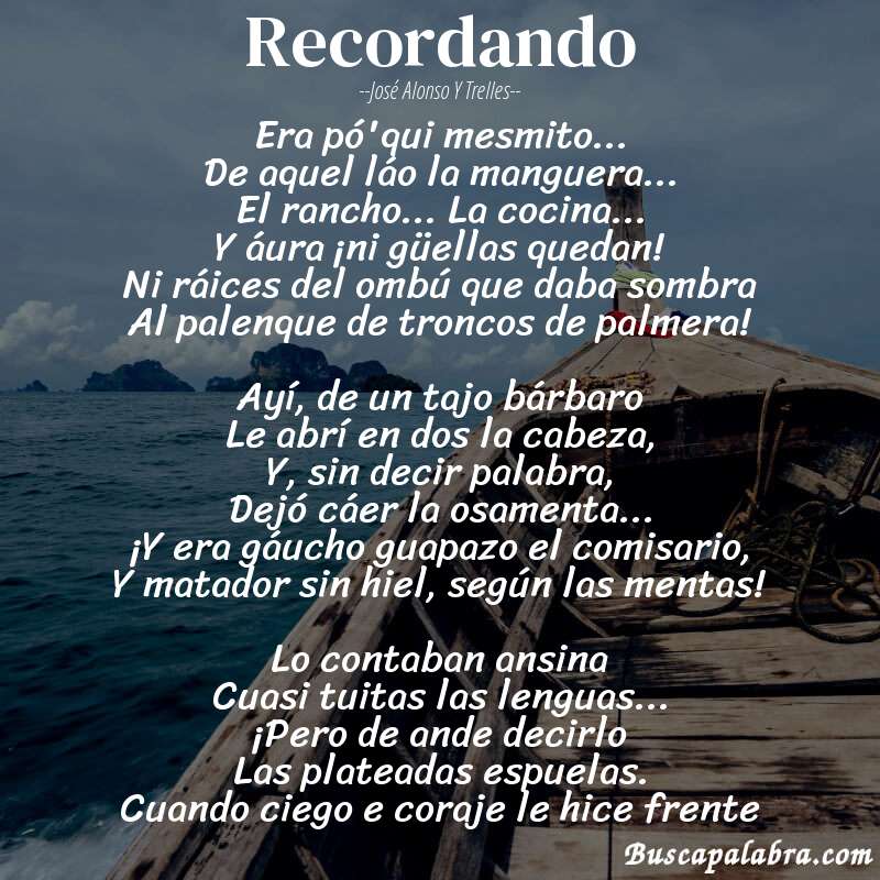 Poema Recordando de José Alonso y Trelles con fondo de barca