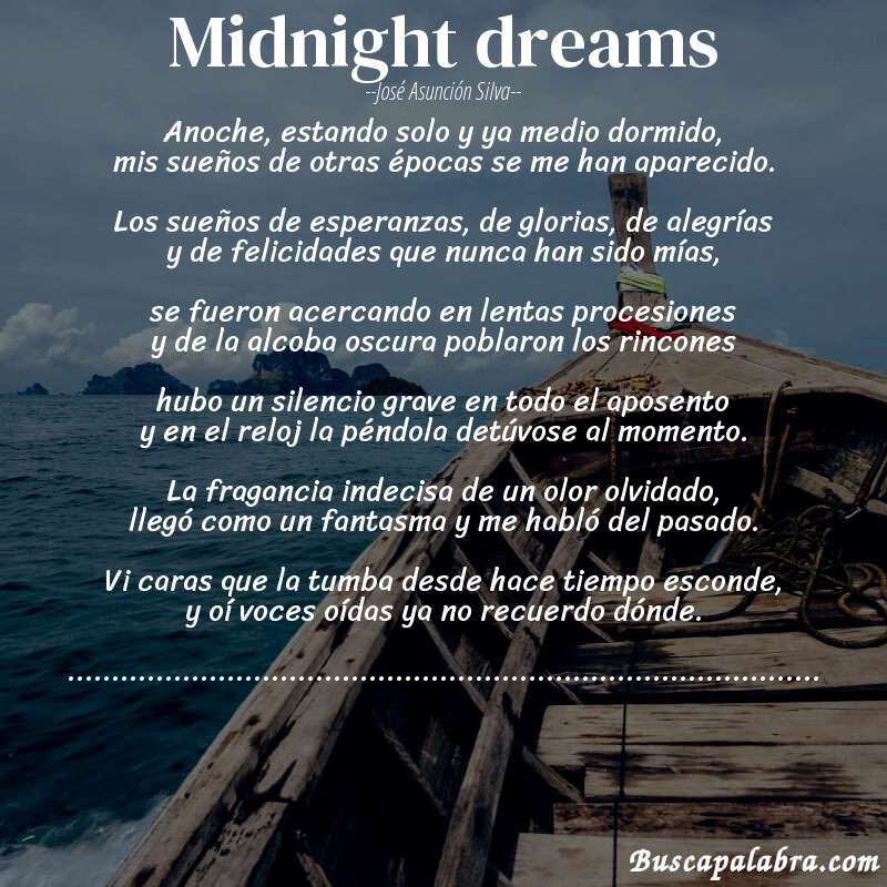 Poema Midnight dreams de José Asunción Silva con fondo de barca