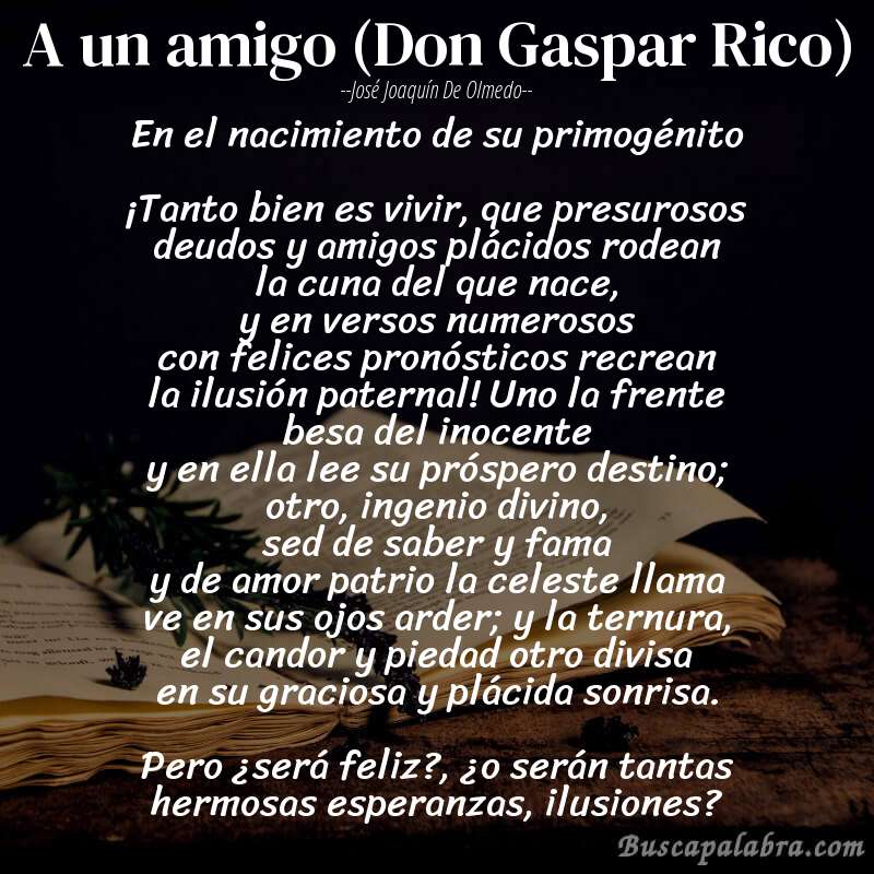 Poema A un amigo (Don Gaspar Rico) de José Joaquín de Olmedo con fondo de libro