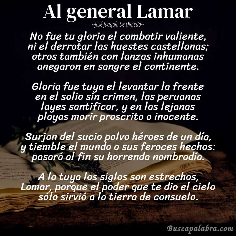 Poema Al general Lamar de José Joaquín de Olmedo con fondo de libro