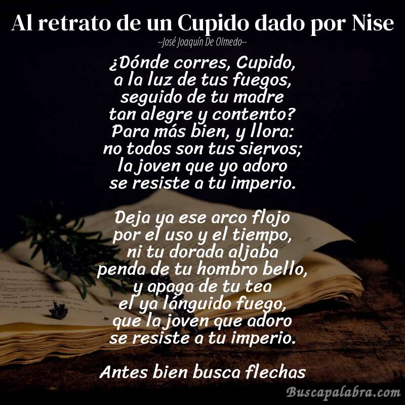 Poema Al retrato de un Cupido dado por Nise de José Joaquín de Olmedo con fondo de libro