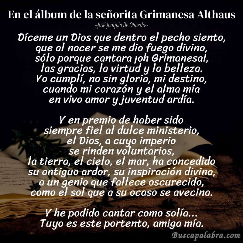 Poema En el álbum de la señorita Grimanesa Althaus de José Joaquín de Olmedo con fondo de libro