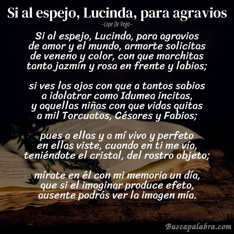 Poema Si al espejo, Lucinda, para agravios de Lope de Vega con fondo de libro