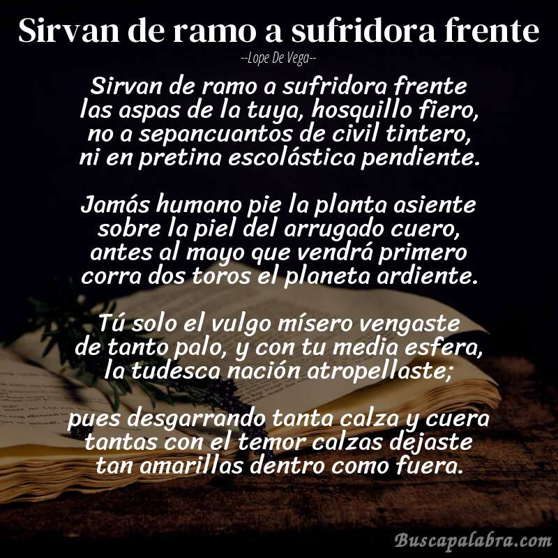 Poema Sirvan de ramo a sufridora frente de Lope de Vega con fondo de libro