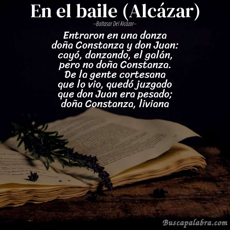 Poema En el baile (Alcázar) de Baltasar del Alcázar con fondo de libro