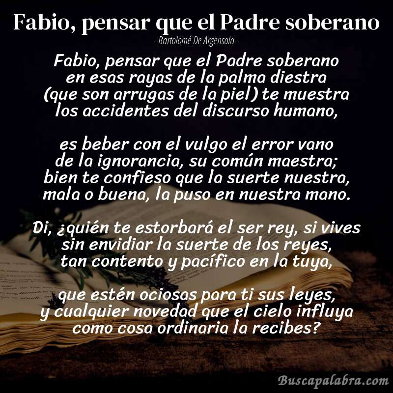 Poema Fabio, pensar que el Padre soberano de Bartolomé de Argensola con fondo de libro