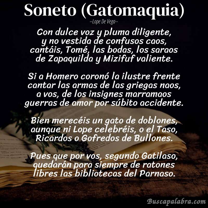 Poema Soneto (Gatomaquia) de Lope de Vega con fondo de libro