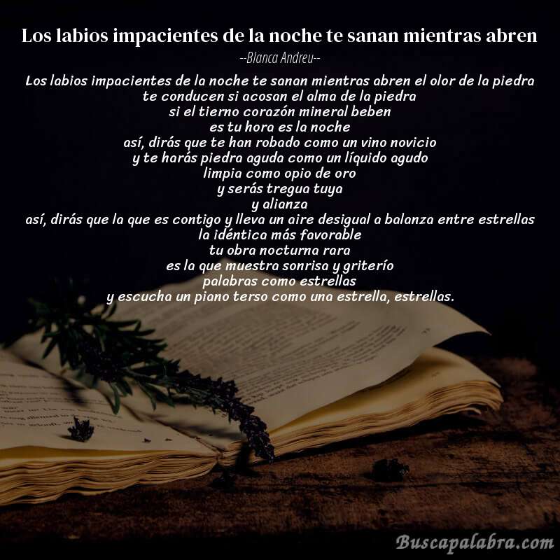Poema los labios impacientes de la noche te sanan mientras abren de Blanca Andreu con fondo de libro