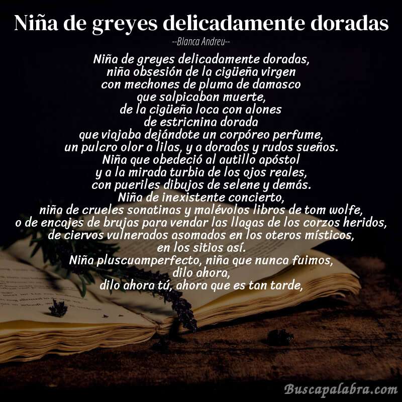 Poema niña de greyes delicadamente doradas de Blanca Andreu con fondo de libro