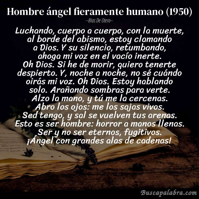 Poema hombre ángel fieramente humano (1950) de Blas de Otero con fondo de libro