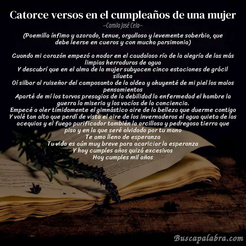 Poema Catorce versos en el cumpleaños de una mujer de Camilo José Cela con fondo de libro