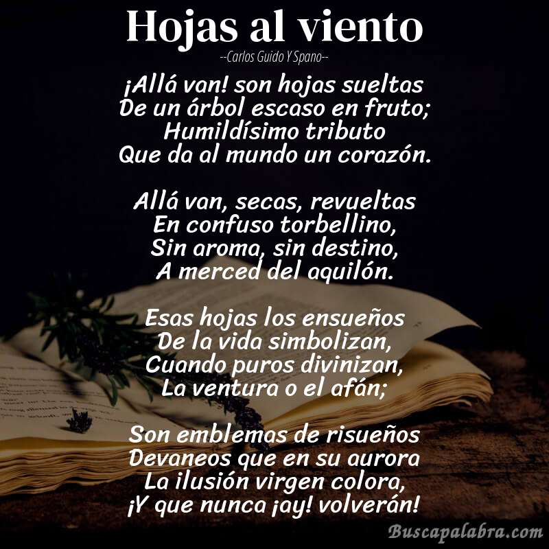 Poema Hojas al viento de Carlos Guido y Spano con fondo de libro