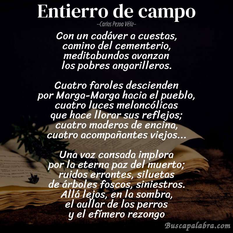 Poema Entierro de campo de Carlos Pezoa Véliz con fondo de libro