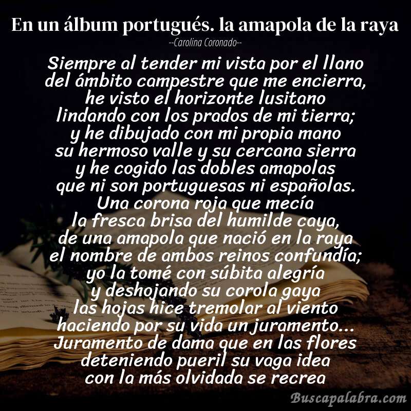Poema en un álbum portugués. la amapola de la raya de Carolina Coronado con fondo de libro