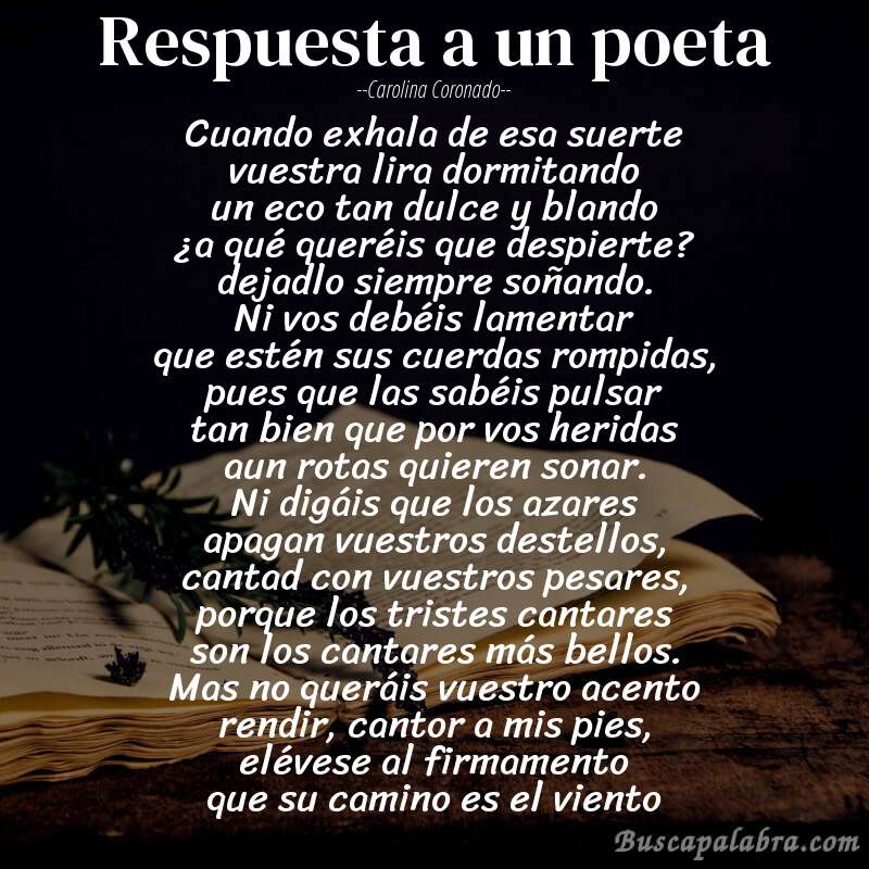 Poema respuesta a un poeta de Carolina Coronado con fondo de libro