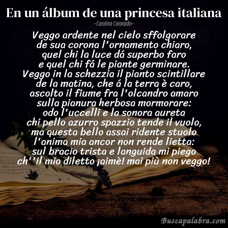 Poema en un álbum de una princesa italiana de Carolina Coronado con fondo de libro