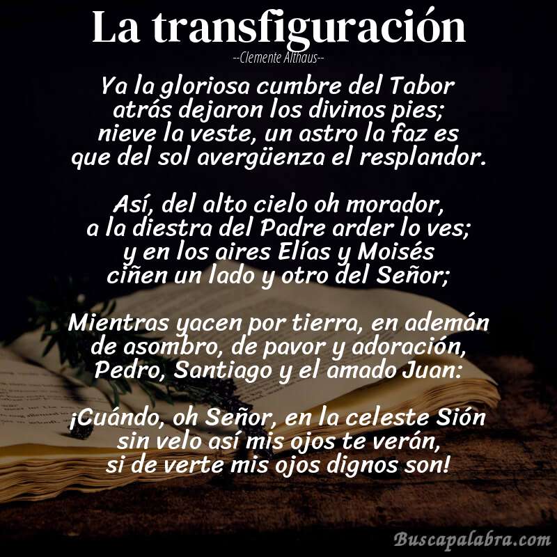 Poema La transfiguración de Clemente Althaus con fondo de libro
