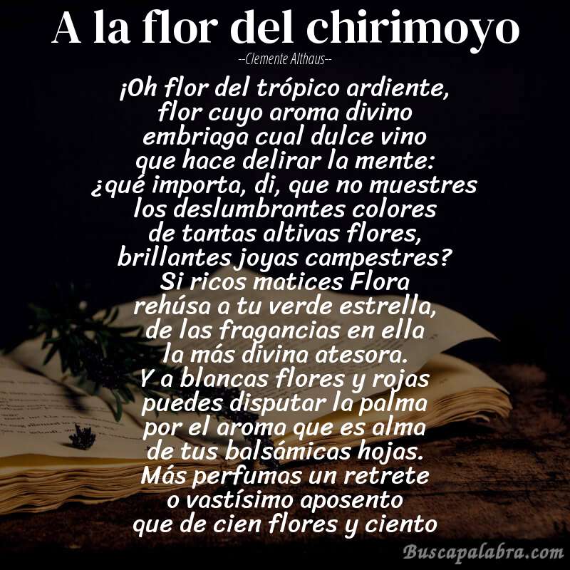 Poema A la flor del chirimoyo de Clemente Althaus con fondo de libro