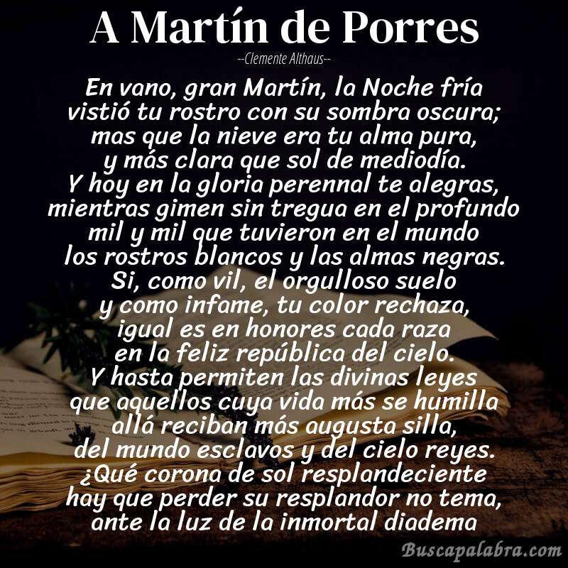 Poema A Martín de Porres de Clemente Althaus con fondo de libro