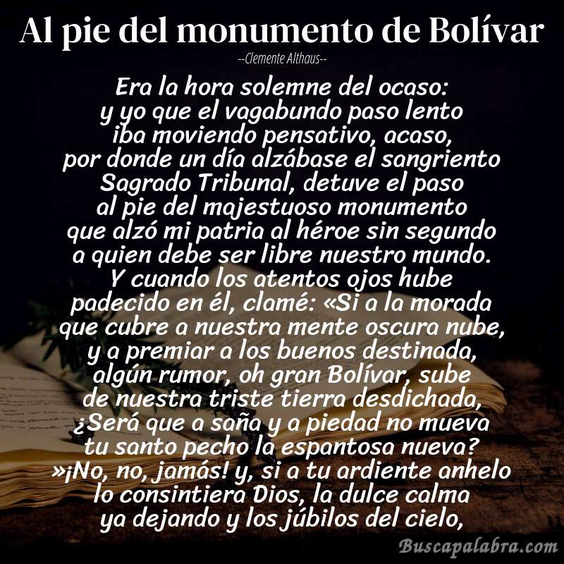 Poema Al pie del monumento de Bolívar de Clemente Althaus con fondo de libro