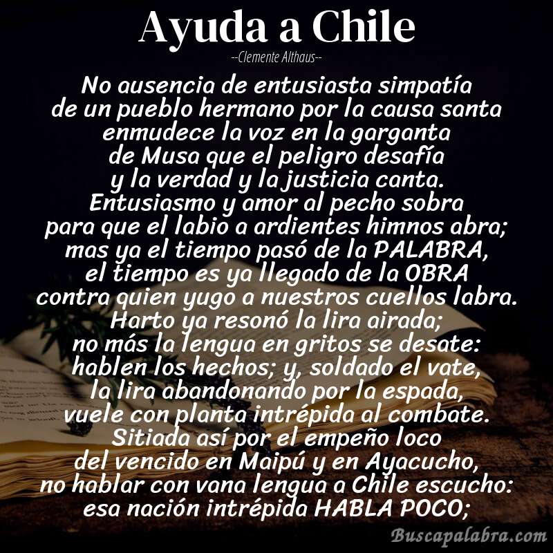 Poema Ayuda a Chile de Clemente Althaus con fondo de libro
