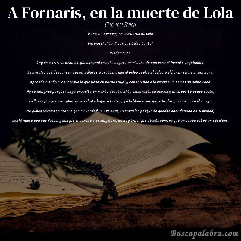 Poema A Fornaris, en la muerte de Lola de Clemente Zenea con fondo de libro