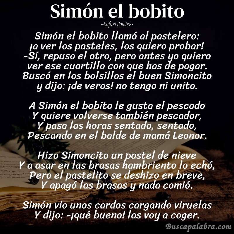 Poema Simón el bobito de Rafael Pombo con fondo de libro