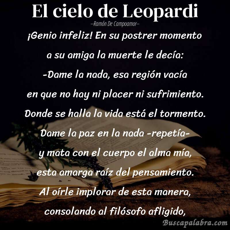 Poema El cielo de Leopardi de Ramón de Campoamor con fondo de libro